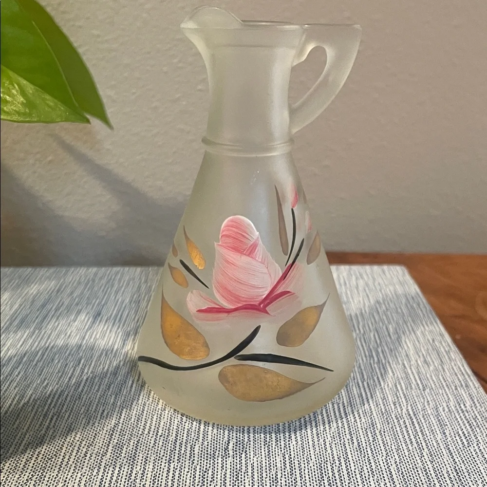 Vintage Hazel Atlas Frosted Glass Cruet – Hand-Painted Pink Floral